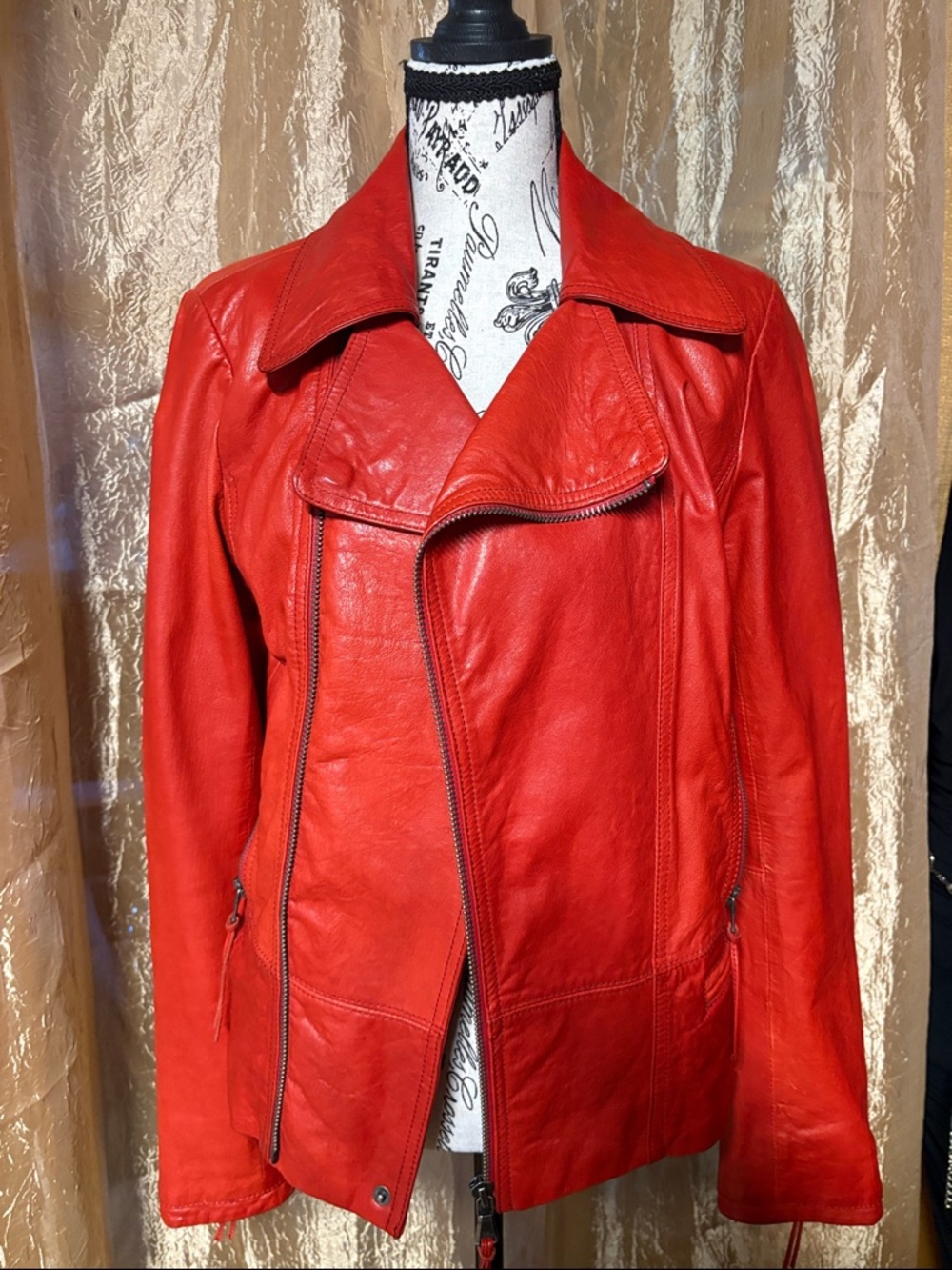 Women's Red Leather Biker Jacket - Sleek Asymmetrical Zip